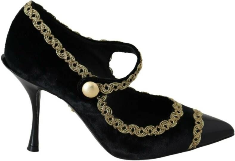 Dolce & Gabbana Black Embellished Velvet Mary Jane Pumps Shoes Zwart Dames