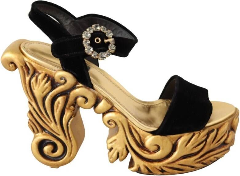 Dolce & Gabbana Black Gold Baroque Velvet Heels Crystal Shoes Zwart Dames