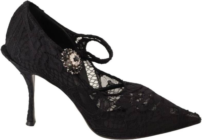 Dolce & Gabbana Black Lace Crystals Heels Mary Jane Pumps Shoes Zwart Dames
