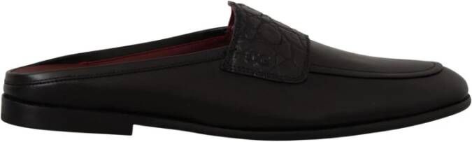 Dolce & Gabbana Black Leather Caiman Sandals Slides Slip Shoes Zwart Heren