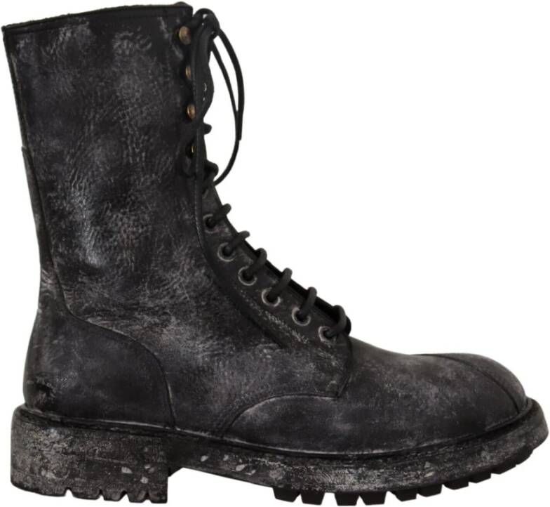 Dolce & Gabbana Black Leather Combat High Boots Shoes Zwart Heren