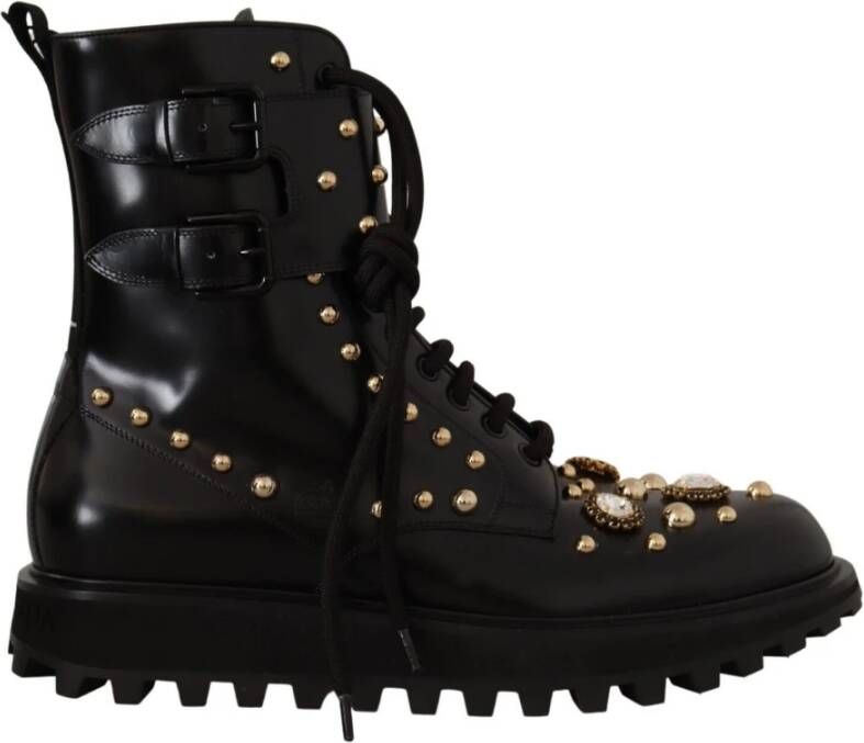 Dolce & Gabbana Black Leather Crystal Embellished Boots Shoes Zwart Dames