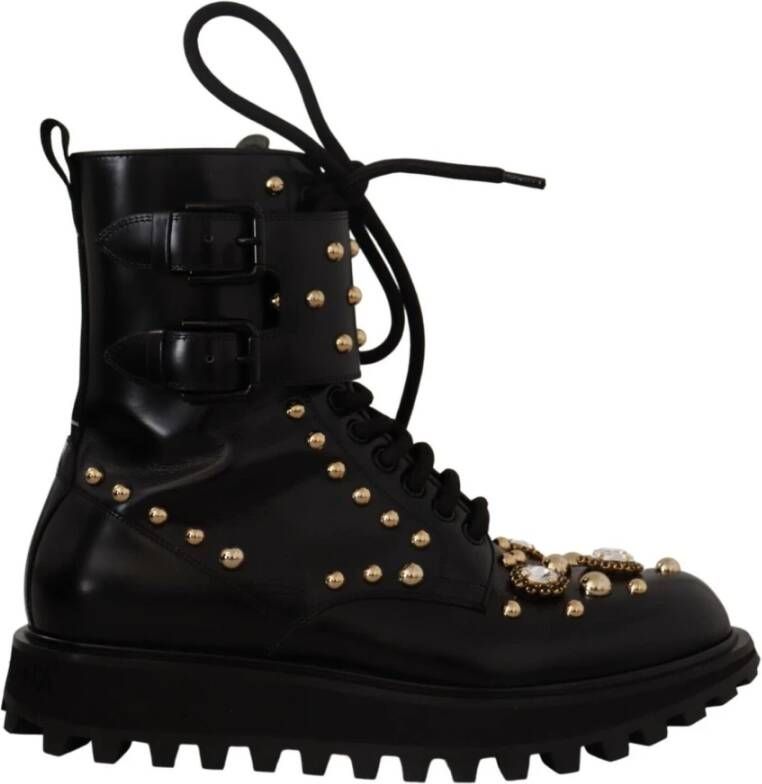Dolce & Gabbana Black Leather Crystal Embellished Boots Shoes Zwart Heren