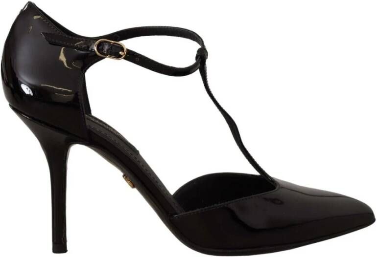 Dolce & Gabbana Black Patent Leather T-Strap Heels Sandals Shoes Zwart Dames