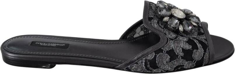 Dolce & Gabbana Black Taormina Lace Crystal Bianca Slides Shoes Zwart Dames