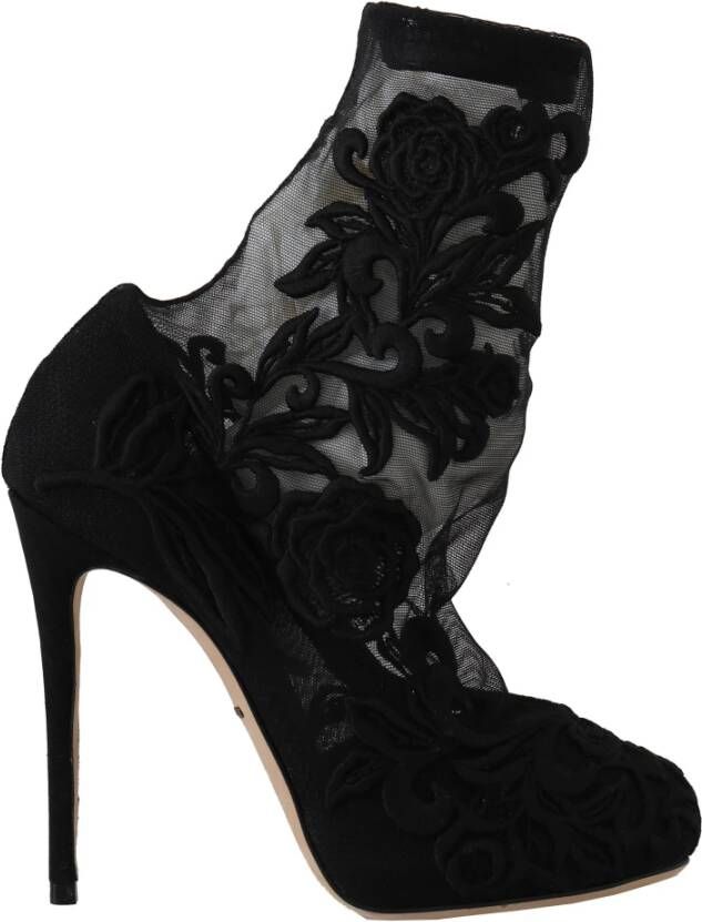 Dolce & Gabbana Black Roses Stilettos Booties Socks Shoes Zwart Dames - Foto 3