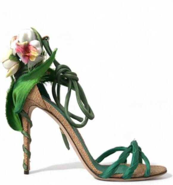 Dolce & Gabbana Bloemen Satijnen Hak Sandalen Green Dames