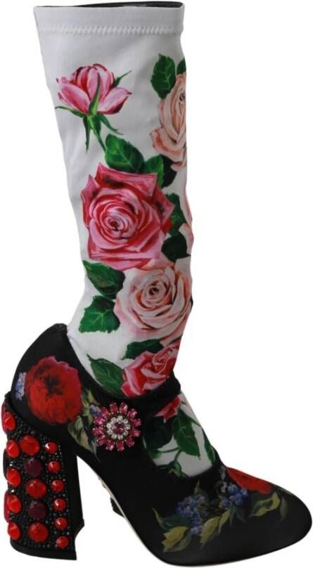 Dolce & Gabbana Black Floral Socks Crystal Jersey Boots Shoes Meerkleurig Dames