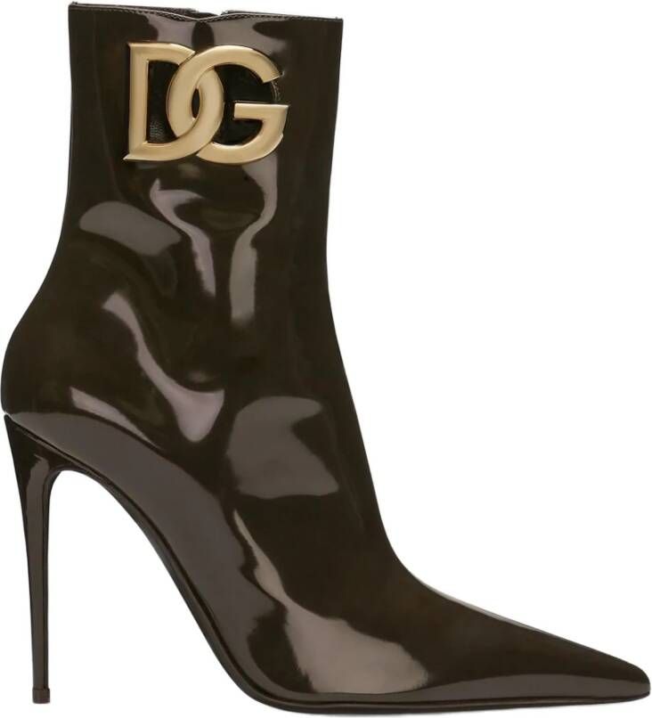 Dolce & Gabbana Bruine Lakleren Enkellaarzen met Logo Brown Dames