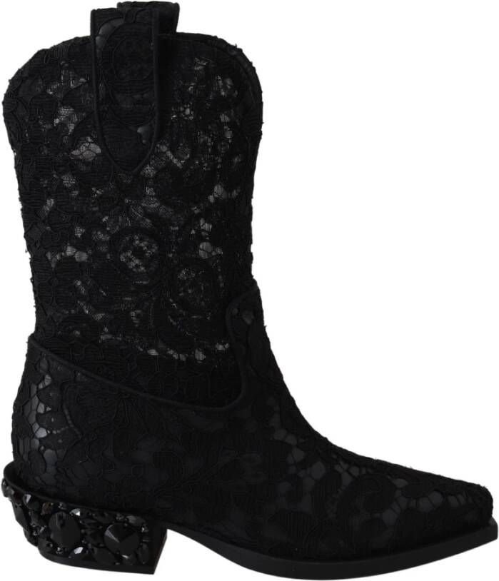 Dolce & Gabbana Zwarte Lace Taormina Enkel Cowboy Kristal Schoenen Black Dames