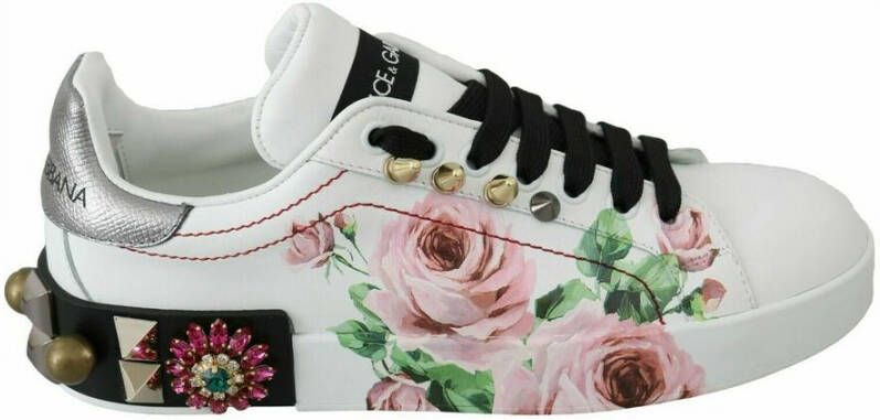 Dolce & Gabbana Witte Leren Bloemen Kristal Sneakers Multicolor Dames