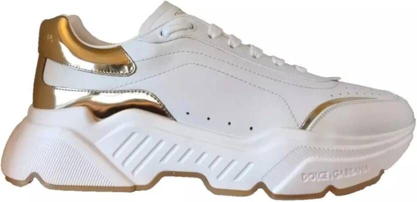Dolce & Gabbana Gouden Leren Lage Sneakers met Logo Details White Heren