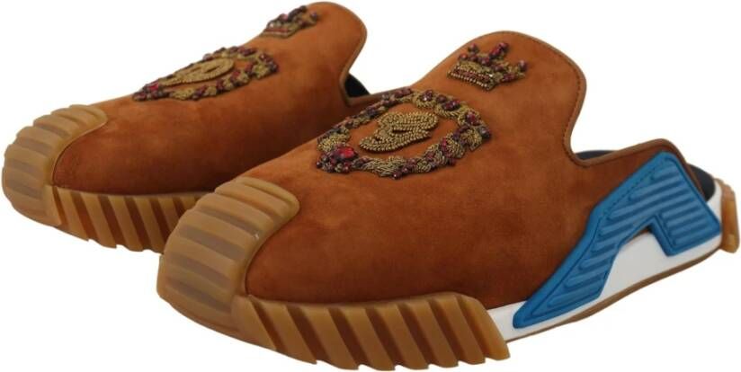 Dolce & Gabbana Beige Suède Kristal Slides Sandalen Platte NS1 Schoenen