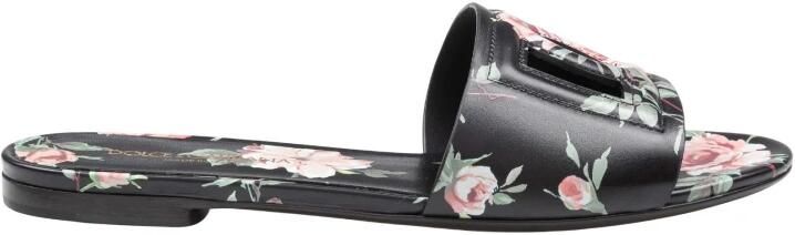 Dolce & Gabbana Kalfsleren Platte Slippers met Rozenprint