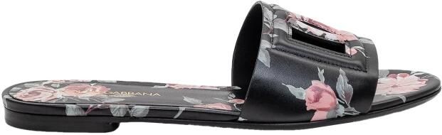 Dolce & Gabbana Calfskin Flat Slippers with Rose Print