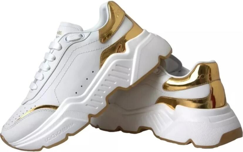 Dolce & Gabbana Gouden Leren Lage Sneakers met Logo Details White Heren