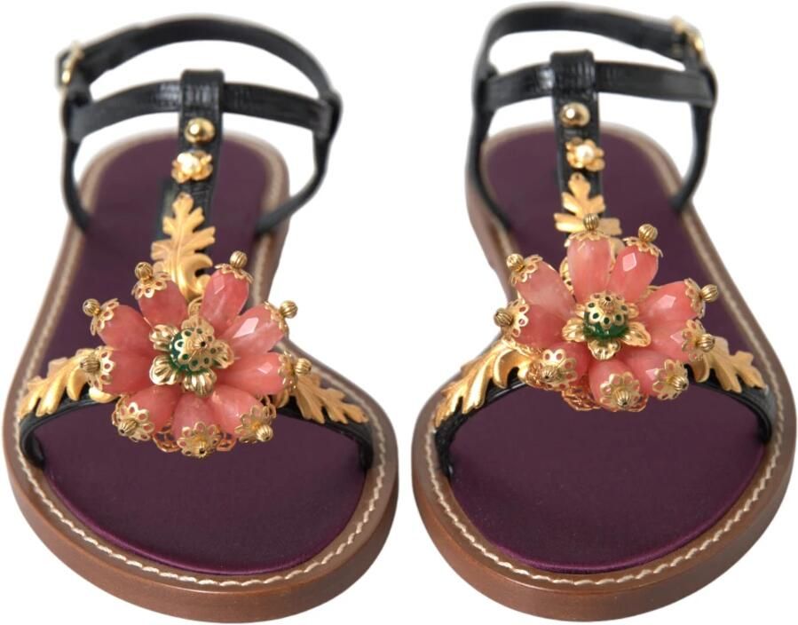 Dolce & Gabbana Floral embellished sandals model LA10367 Wo Black Flat Shoes