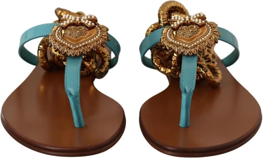 Dolce & Gabbana ChainEmbellished Leather Sandals Flat Sandals Blue Wo Flat Shoes - Foto 2