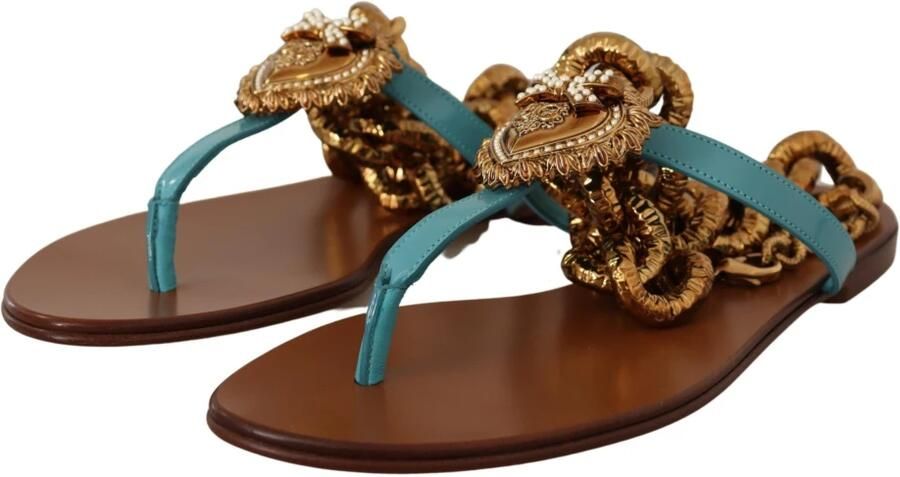 Dolce & Gabbana ChainEmbellished Leather Sandals Flat Sandals Blue Wo Flat Shoes - Foto 3
