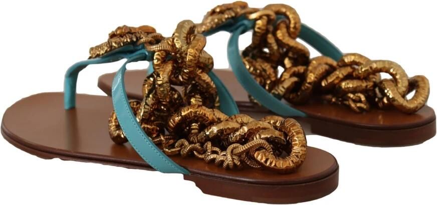 Dolce & Gabbana ChainEmbellished Leather Sandals Flat Sandals Blue Wo Flat Shoes - Foto 4