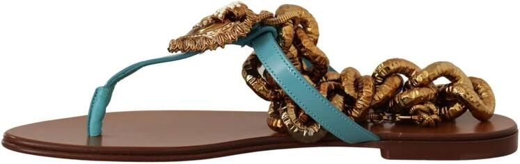 Dolce & Gabbana ChainEmbellished Leather Sandals Flat Sandals Blue Wo Flat Shoes - Foto 5