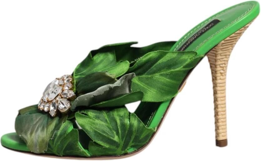 Dolce & Gabbana Groene Bladprint Hoge Hak Sandalen Green Dames