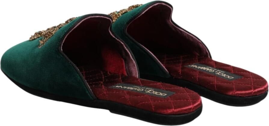 Dolce & Gabbana Groene Velvet Cross Embellished Slippers