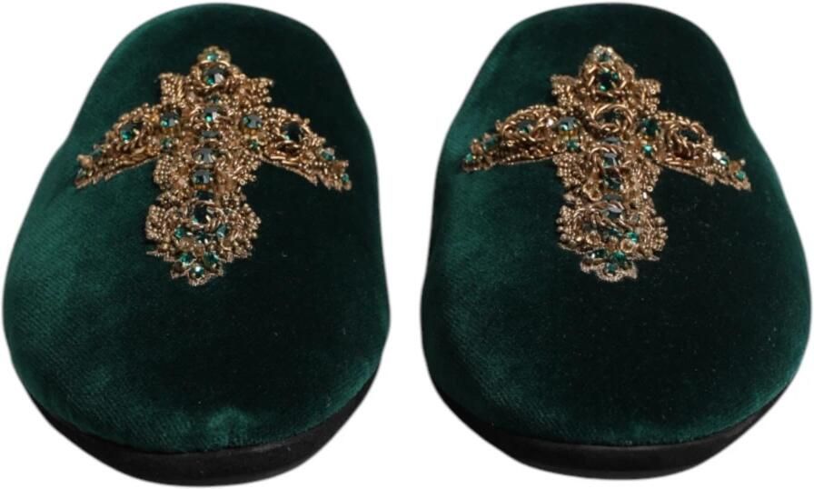 Dolce & Gabbana Groene Velvet Cross Embellished Slippers