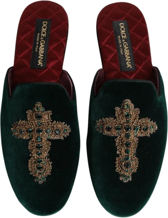 Dolce & Gabbana Groene Velvet Cross Embellished Slippers - Foto 2