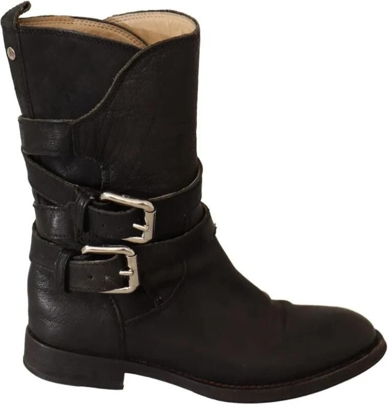 Dolce & Gabbana Zwarte Leren Mid Calf Gesp Laarzen Black Dames