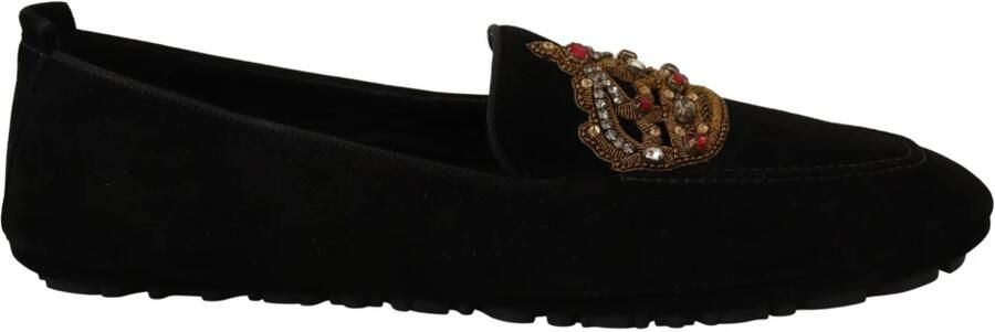 Dolce & Gabbana Black Leather Crystal Gold Crown Loafers Shoes Black - Foto 3