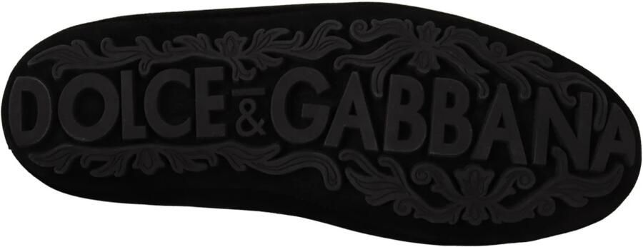 Dolce & Gabbana Black Leather Crystal Gold Crown Loafers Shoes Black