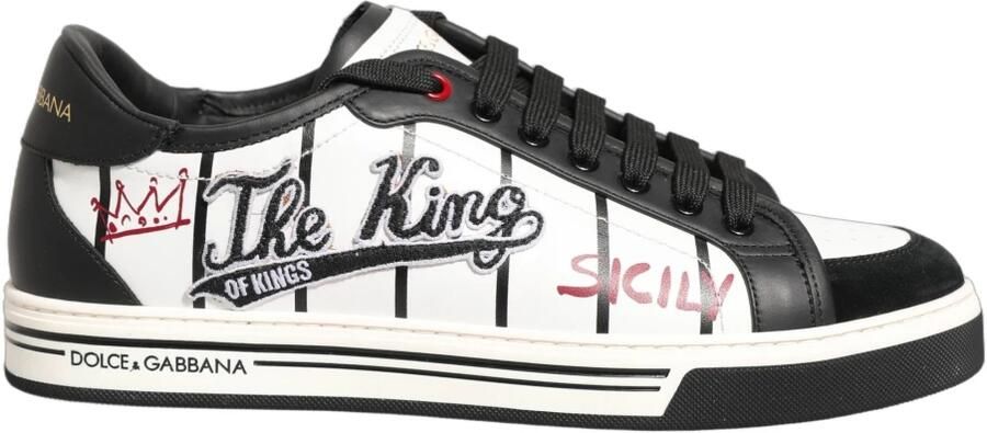 Dolce & Gabbana Black White King Print Roma Low Leather Sneakers Zwart Heren