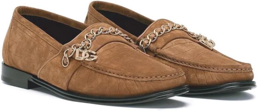 Dolce & Gabbana Bruin Fluweel Leren Logo Mocassin Schoenen
