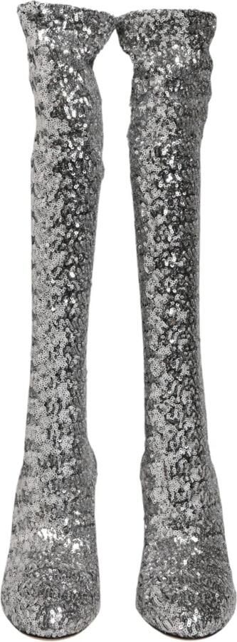 Dolce & Gabbana Zilveren Pailletten Glitter Hoge Hak Laarzen