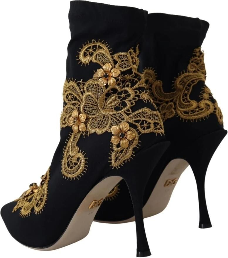 Dolce & Gabbana Zwart Goud Borduurwerk Kristal Enkellaarsjes