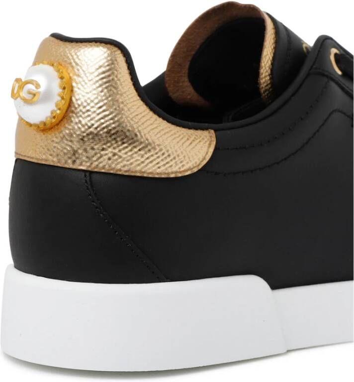Dolce & Gabbana Portofino Sneakers van Zwart Leer met Logo Parel Black Dames