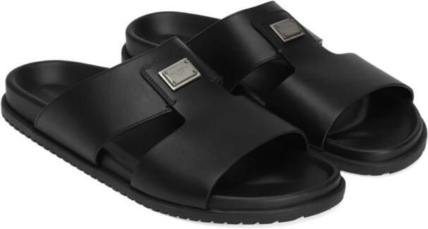 Dolce & Gabbana Zwarte Leren Sandalen Platte Rubberen Zool