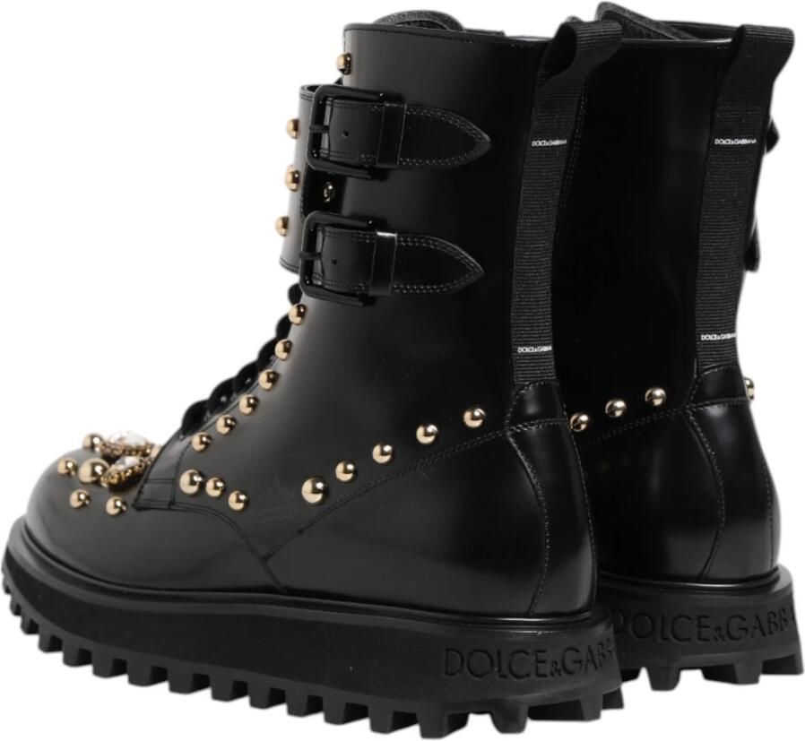 Dolce & Gabbana Zwarte Studded Lace Up Mid Calf Laarzen