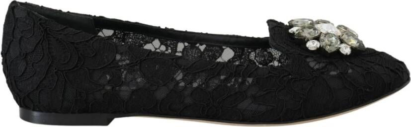 Dolce & Gabbana Zwarte Taormina Kant Kristal Platte Schoenen Black Dames
