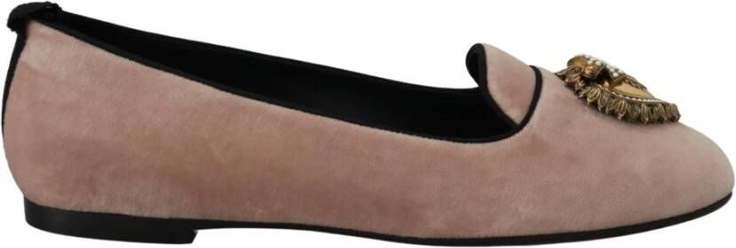 Dolce & Gabbana Roze Fluwelen Loafers met Gouden Hart Detail Roze Dames
