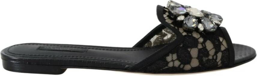 Dolce & Gabbana Elegante zwarte kanten muiltjes met bloemversiering