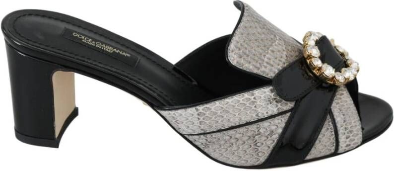 Dolce & Gabbana Black Gray Exotic Leather Crystals Sandals Shoes Zwart Dames