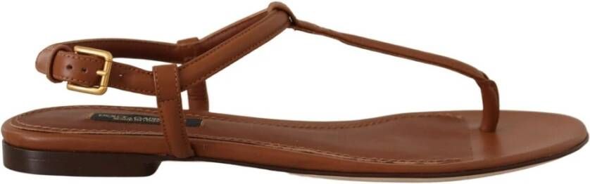Dolce & Gabbana Brown Leather T-strap Slides Flats Sandals Shoes Bruin Dames