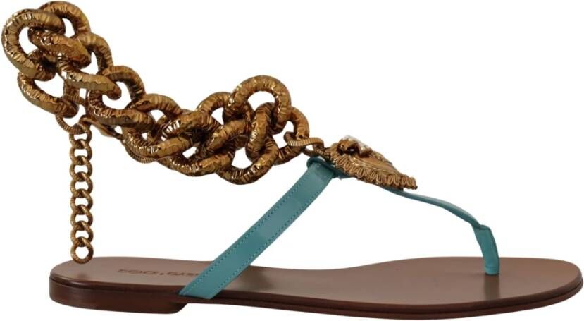 Dolce & Gabbana ChainEmbellished Leather Sandals Flat Sandals Blue Wo Flat Shoes