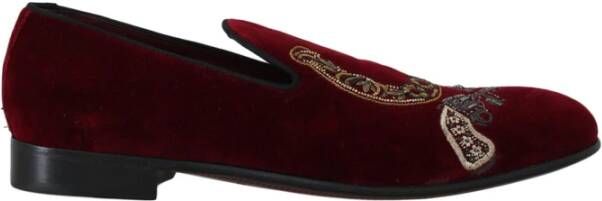 Dolce & Gabbana Prachtige Velvet Loafers met Pistool Hoefijzer Borduursel Red Heren