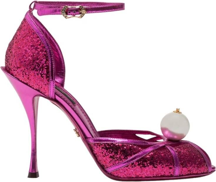 Dolce & Gabbana Glitter Parel Kalfsleren Hoge Hak Sandalen