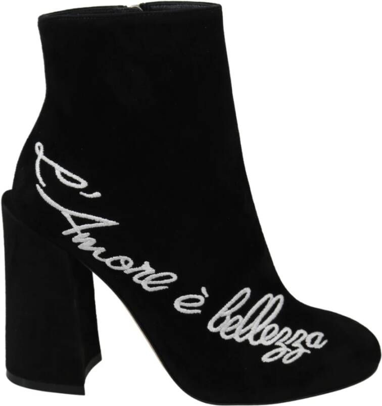 Dolce & Gabbana Geborduurde Lammwildleder Enkellaarsjes Black Dames