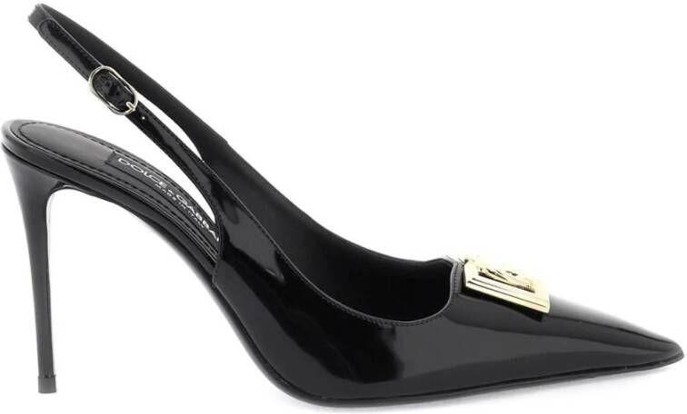 Dolce & Gabbana Glanzend Leren Slingback Pumps met Gouden Metalen DG Monogram Black Dames