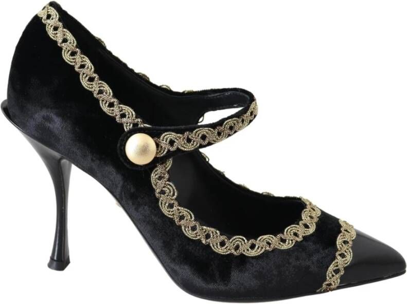 Dolce & Gabbana Zwarte Velvet Gouden Mary Janes Pumps Black Dames